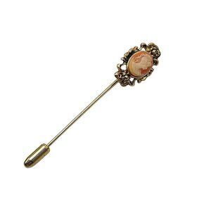 Faux Pink Cameo Filigree Stick Pin Gold Tone Vintage